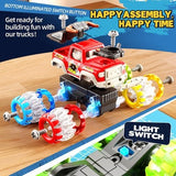Four Kigwux monster truck toys with glowing multi-color LED wheels including shark and bull designs with hand drill - view 3
