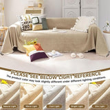 Khaki chenille slipcover with tassel fringe edges draped over a single-cushion chair, 71x71 inch furniture cover - view 5