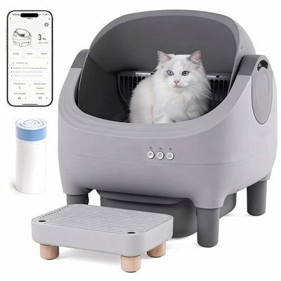 ZLAFM dark grey automatic self-cleaning cat litter box with open entry ramp and app-controlled smart cleaning cycle
