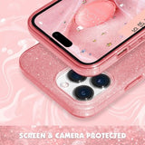 MILPROX pink glitter iPhone 15 Pro case showing 3-layer shockproof construction with raised edges and sparkle finish - view 3
