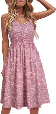 YATHON women's pink polka dot sleeveless A-line cotton summer dress with spaghetti straps and side pockets