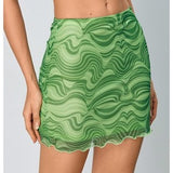Verdusa women's green wavy geometric print mesh maxi pencil skirt with high waist elastic back, size medium - view 3