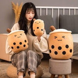 9.8-inch brown bubble tea boba plush stuffed toy pillow with cute closed cartoon eyes on white background - view 2