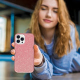 MILPROX pink glitter iPhone 15 Pro case showing 3-layer shockproof construction with raised edges and sparkle finish - view 5