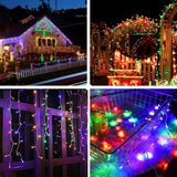 HISHINY 32ft multicolor LED icicle Christmas lights with 72 hanging drops displayed outdoors on roofline at night - view 7