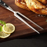 Yosfo 8-inch stainless steel carving knife and 7-inch fork set with black POM ergonomic handles on white background - view 5