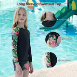 FAFSGOD girls black floral 2-piece swimsuit set with long sleeve UPF 50+ rash guard top and boy shorts bottoms - view 4