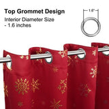 Two red blackout curtain panels with gold foil snowflake print hung on a rod, 52x84 inches, FRAMICS Christmas curtains - view 4