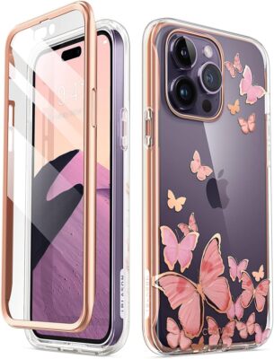 Pink butterfly full-body TPU iPhone 14 Pro case with built-in screen protector and raised camera bezels