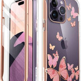 Pink butterfly full-body TPU iPhone 14 Pro case with built-in screen protector and raised camera bezels