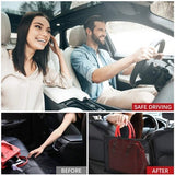 Black faux leather car handbag holder wedged between front seats to keep purse secure while driving - view 5