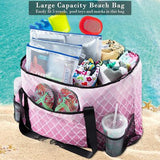 Pink Ricdecor extra large waterproof mesh beach tote bag with black handles and three matching pink zipper pouches - view 6