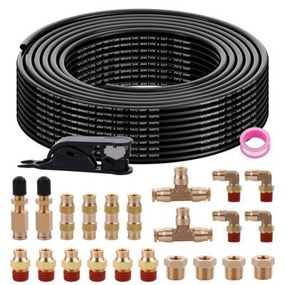 Boeray 100ft 1/4 inch black nylon air hose coiled beside 22 brass push-connect fittings, tube cutter, and Teflon tape