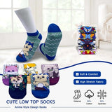 Ten pairs of colorful monster and anime cat character low-cut ankle socks laid flat, assorted multicolor designs - view 2