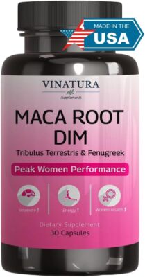 VINATURA Maca Root and DIM 200mg capsules bottle for women hormone balance and menopause support, 60 vegan capsules