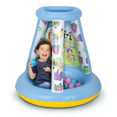 Bluey inflatable crawl-through ball pit 34 inches wide with 15 colorful soft flex balls and open toss roof for toddlers