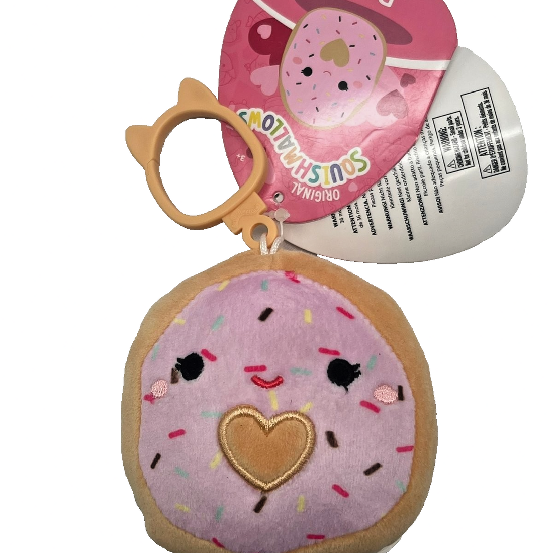 Squishmallows Dabria the Frosted Donut purple plush bag clip keychain with colorful sprinkles and gold heart center