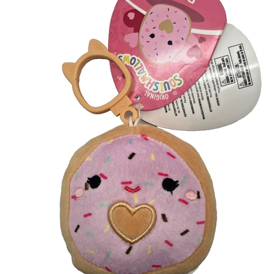 Squishmallows Dabria the Frosted Donut purple plush bag clip keychain with colorful sprinkles and gold heart center