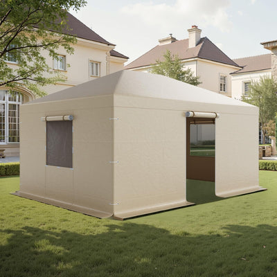 Beige VEVOR 12x16 ft winter gazebo cover with sidewalls and mesh roll-up windows installed on hardtop gazebo