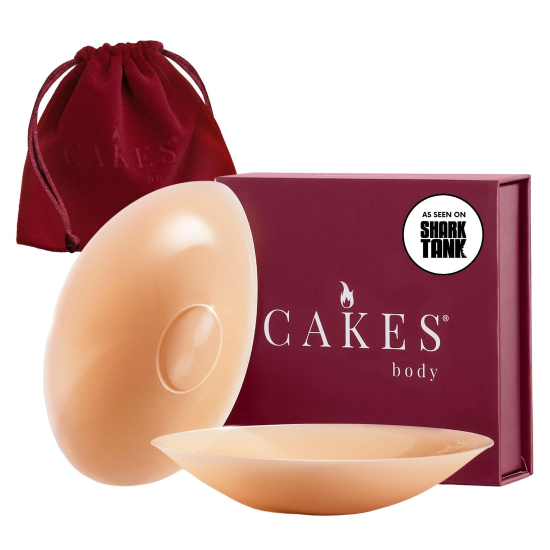 CAKES Body honey-colored round silicone nipple covers, 5-inch adhesive-free pasties, 2-pack shown on white background