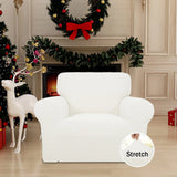 Cream check jacquard stretch slipcover fitted snugly over a single-seat armchair with elastic anti-slip base - view 3