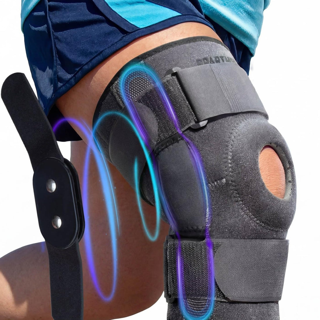 Sparthos gray hinged knee brace size XXXL with open patella design and dual aluminum side hinges on white background