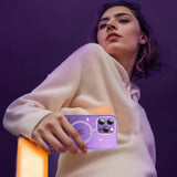 Anynve clear glitter purple MagSafe iPhone 14 Pro Max case with sparkle bling finish and raised camera lip - view 3