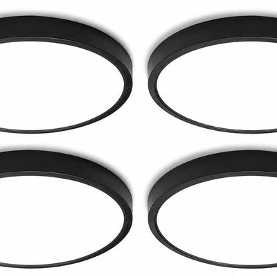 Four HOVENLA 7-inch matte black LED flush mount ceiling lights shown in packaging and installed on white ceiling