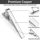 Set of 6 silver rectangle tie bar clips arranged in a gift box, classic polished finish, by MOWPOG - view 4