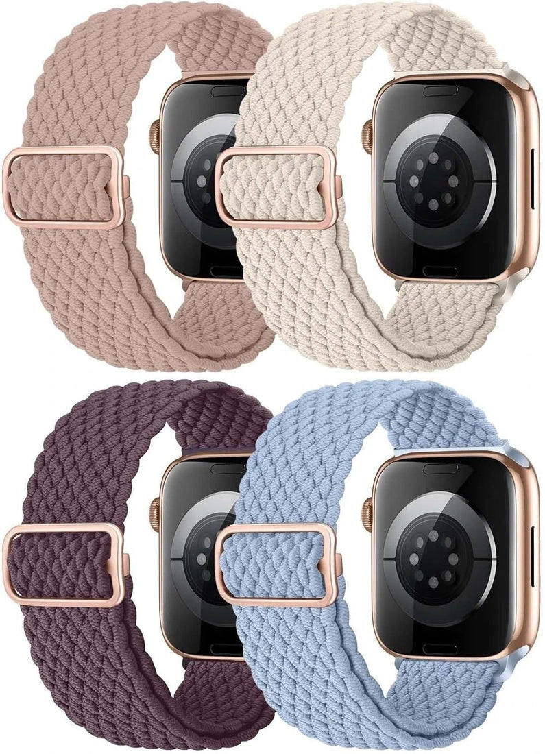 Four multicolor stretchy nylon Solo Loop Apple Watch bands for 38mm 40mm 41mm cases displayed on white background