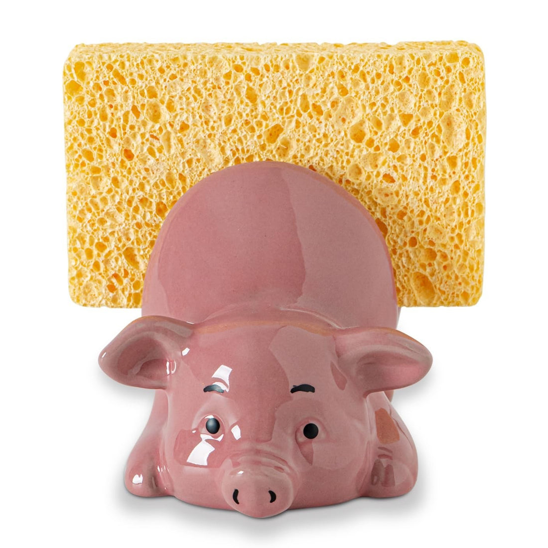 Pink glossy ceramic pig-shaped kitchen sponge holder on countertop, farmhouse style, GABROC brand