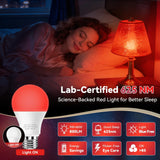 Two Neporal A19 red LED light bulbs with E26 base emitting warm red-orange glow, 625nm blue light blocking sleep bulbs - view 2