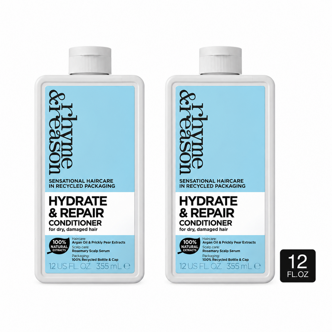 Two bottles of Rhyme & Reason Hydrate & Repair Conditioner 12oz, sulfate-free and paraben-free formula for dry damaged hair