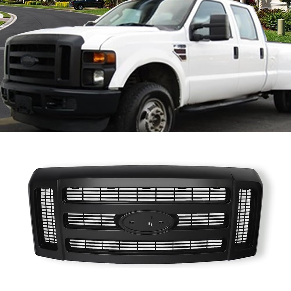 Matte black ABS front upper grille for 2008-2010 Ford F-250 F-350 F-450 Lariat Super Duty, part 7C3Z-8200-BA