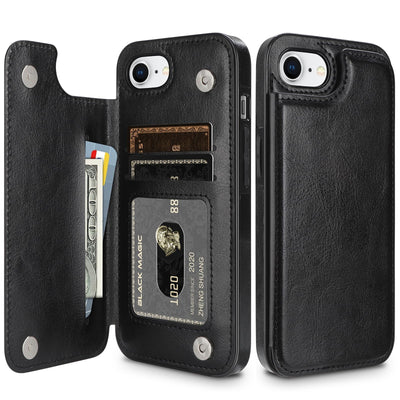 Black PU leather HianDier wallet flip case for iPhone 16e with card slots and magnetic closure open on white surface