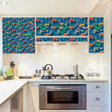 Six square fish in water self-adhesive vinyl wall decals in blue, each 15.74x15.74 inches, shown applied to a wall - view 5