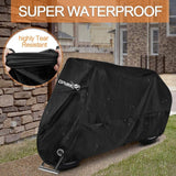 Black OPAMOO waterproof motorcycle cover draped over a full-size motorcycle outdoors, 96-inch universal fit heavy duty - view 2