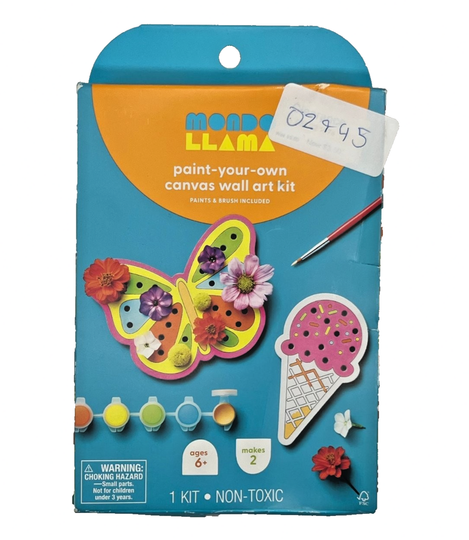 Mondo Llama paint your own canvas kit with butterfly and ice cream cone designs, paints, and paintbrush included