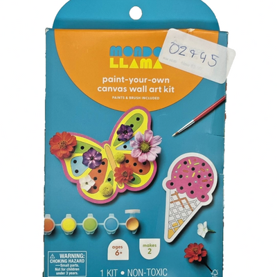 Mondo Llama paint your own canvas kit with butterfly and ice cream cone designs, paints, and paintbrush included