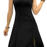 SAMPEEL black sleeveless square neck midi dress with smocked bust, adjustable straps, and side slit on female model - view 5