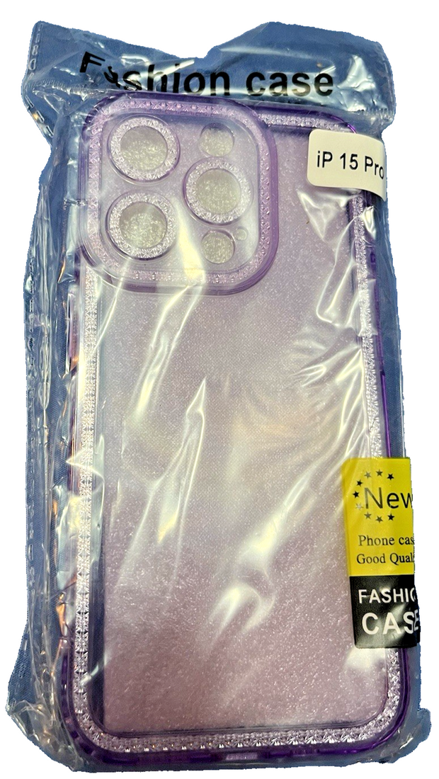 Gunprio slim purple glitter TPU case for iPhone 15 Pro with raised bezels and sparkle finish on white background