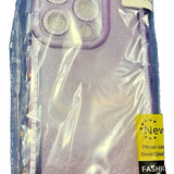 Gunprio slim purple glitter TPU case for iPhone 15 Pro with raised bezels and sparkle finish on white background