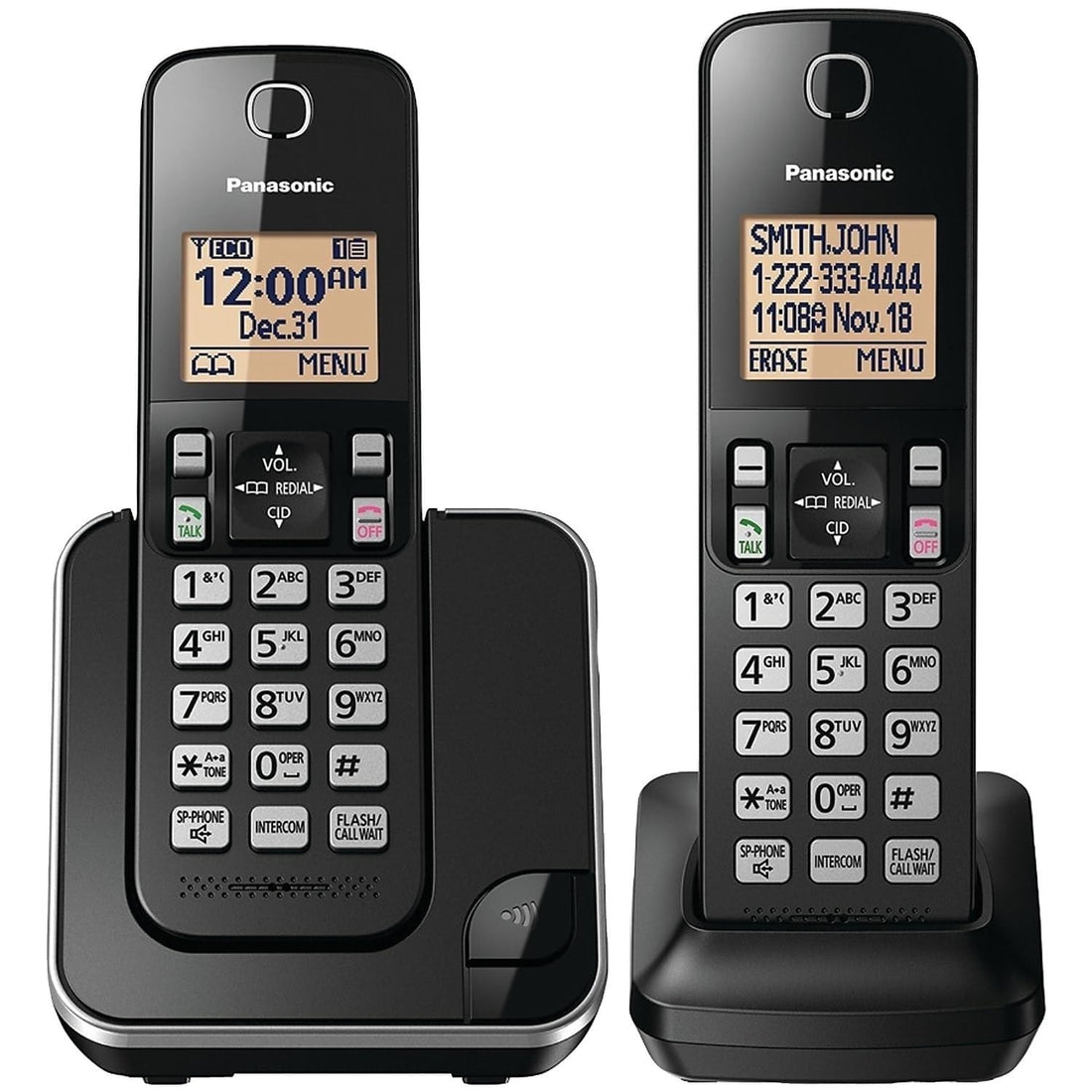 Panasonic KX-TGC352B cordless phone system with two black handsets and base unit featuring amber backlit LCD display
