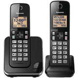 Panasonic KX-TGC352B cordless phone system with two black handsets and base unit featuring amber backlit LCD display