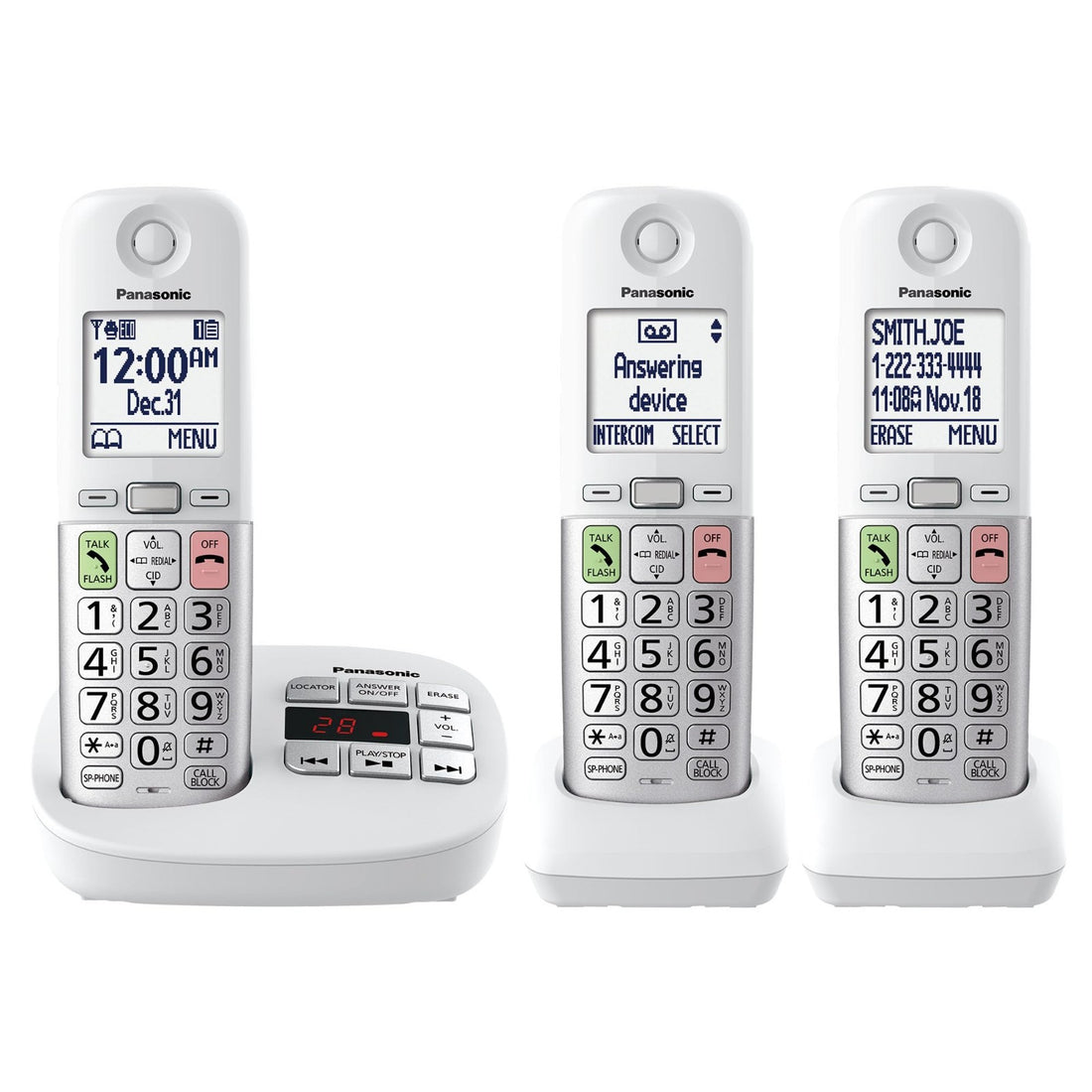 Panasonic KX-TGU433W white cordless phone system with 3 handsets featuring large display and big buttons