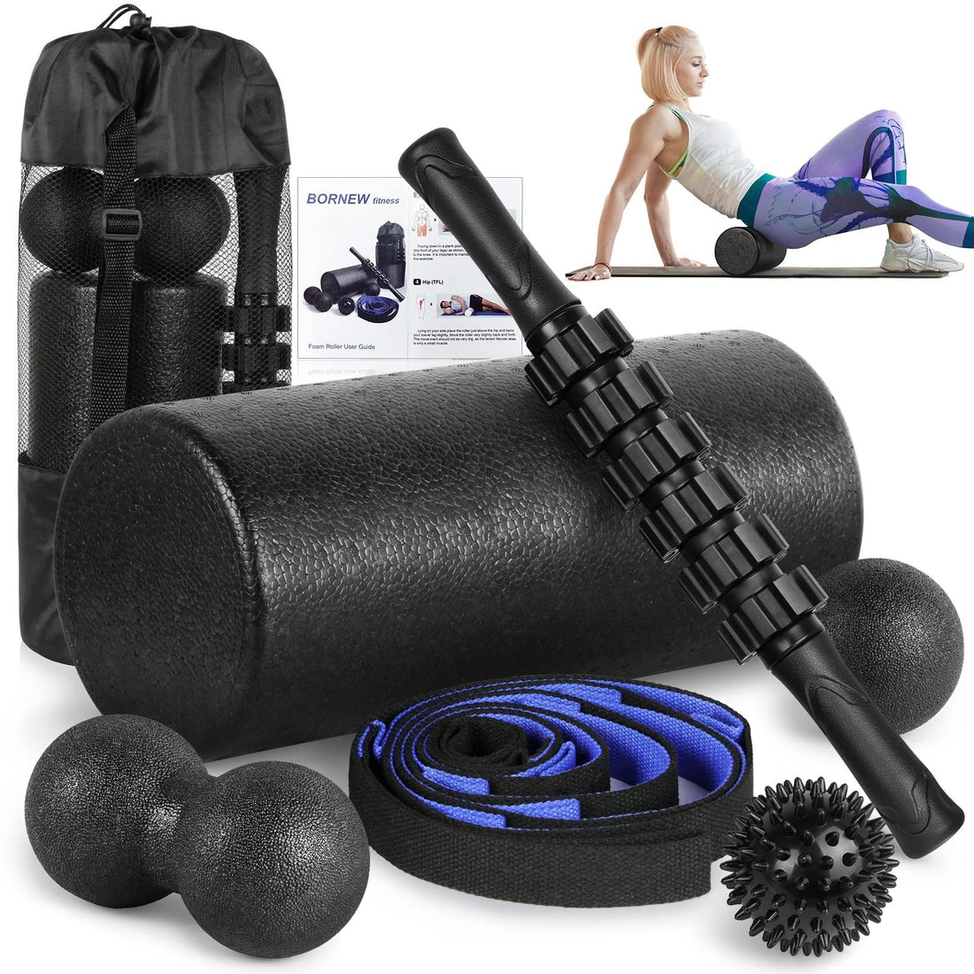BORNEW 7-piece foam roller set including 12-inch roller, massage stick, peanut ball, spiky ball, and stretch strap