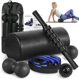 BORNEW 7-piece foam roller set including 12-inch roller, massage stick, peanut ball, spiky ball, and stretch strap
