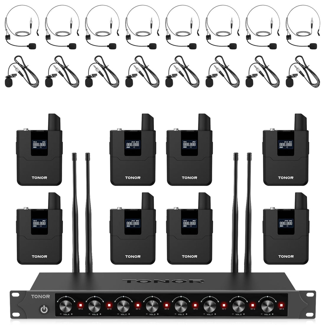 Tonor TW388 black UHF wireless microphone system with headset, lavalier mic, bodypack transmitters, and metal receiver unit