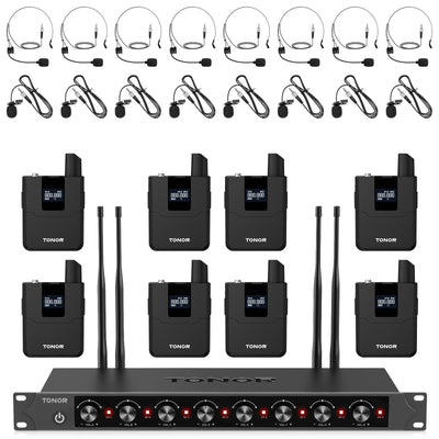 Tonor TW388 black UHF wireless microphone system with headset, lavalier mic, bodypack transmitters, and metal receiver unit