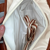 QUNWREATH Leather Insulated Lunch Tote Bag with Crossbody Strap – Cream & Brown — view 3 of 4
